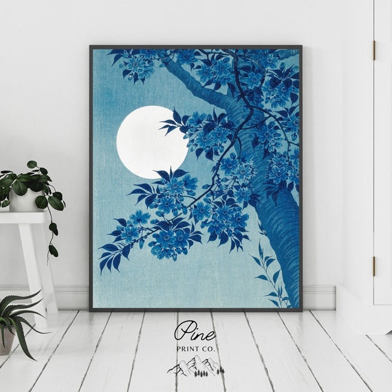 Blue Wall Art, Japanese Print, Moon Print, Japanese Moon, Blue Decor, Moon Painting, Cyanotype Decor, Japanese Poster, Blue Art, Ohara Koson