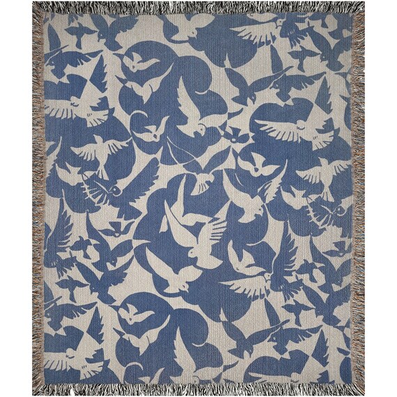Bird Blanket, Blue Blanket, Woven Blanket, Dove Art, Bird Bedding, Boho Bird, Bird Decor, Vintage Blanket, Dove Blanket, Bird Throw