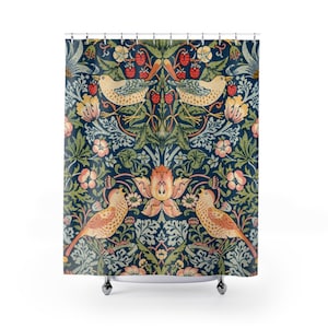 Natur Duschvorhang, Floral Duschvorhang, William Morris, Vogel Badezimmer, Vintage Badezimmer, Vogel Duschvorhang, Boho Badezimmer Dekor