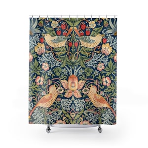 Nature Shower Curtain, Floral Shower Curtain, William Morris, Bird Bathroom, Vintage Bathroom, Bird Shower Curtain, Boho Bathroom Decor