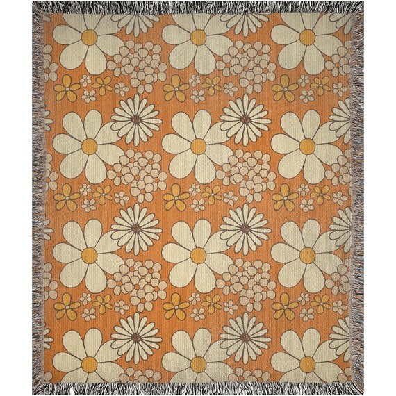 Floral Blanket, Woven Blankets, 70s Blanket, Orange Blanket, Flower Blanket, Floral Bedding, Floral Decor, Vintage Floral, 70s Decor
