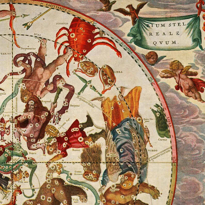 May include: A vintage celestial chart depicting constellations in the night sky. The chart features a detailed illustration of the constellations, including Scorpio, Libra, Virgo, and Bootes. The chart is surrounded by a decorative border and includes the text "RIUM STEL REALE QVUM."