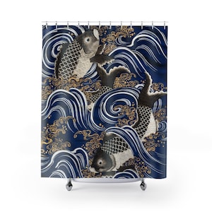 Japanese Shower Curtain, Koi Fish Decor, Japan Bathroom, Wave Shower Curtain, Vintage Japanese Art, Blue Shower Curtain, Japan Shower