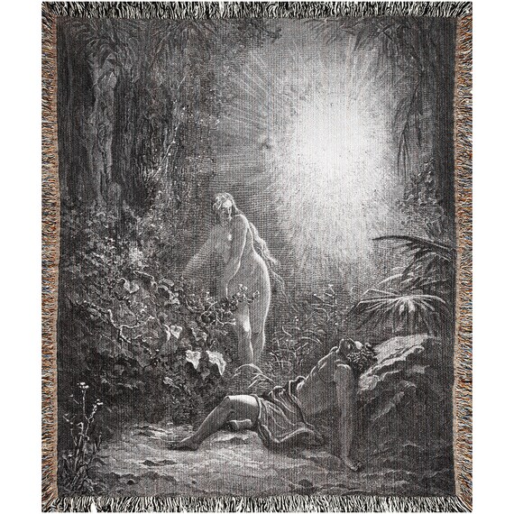 Gothic Blanket, Black Blanket, Woven Blanket, Creation Of Eve, Mythology Blanket, Adam & Eve, Gothic Decor, Black Throw
