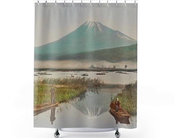 Asiatiskt duschdraperi, berget Fuji, japansk inredning, naturbadrum, vintage duschdraperi, asiatiskt badrum, japanskt badrum, asiatisk inredning