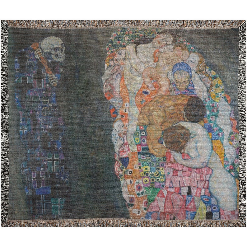 May include: A woven tapestry depicting a colorful, abstract scene with a skeletal figure on the left and a group of figures embracing on the right. The figures are painted in a vibrant palette of colors, including pink, orange, yellow, green, and blue.