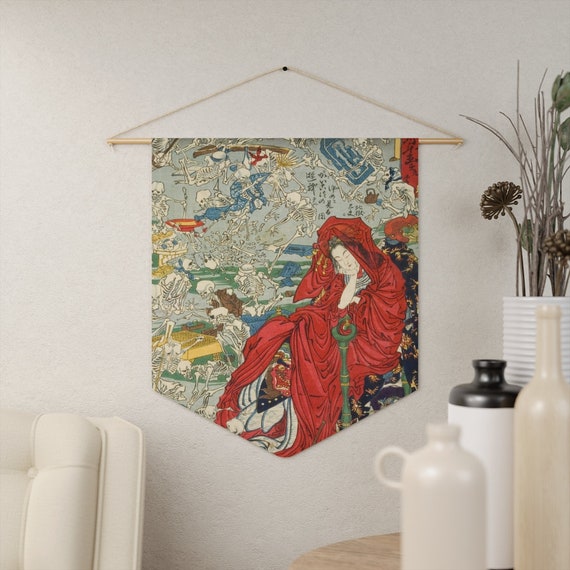 Japanese Tapestry, Woman Tapestry, Skeleton Tapestry, Kawanabe Kyosai, Japanese Woodblock, Japanese Decor, Vintage Decor, Skeleton Art