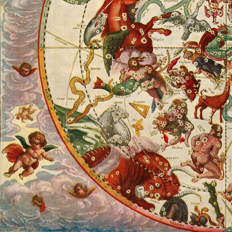 Tierkreis-Astrologie-Wandteppich | Himmlischer Sternen-Vintage-Wandbehang, Mystisches Kunstobjekt Bild 4
