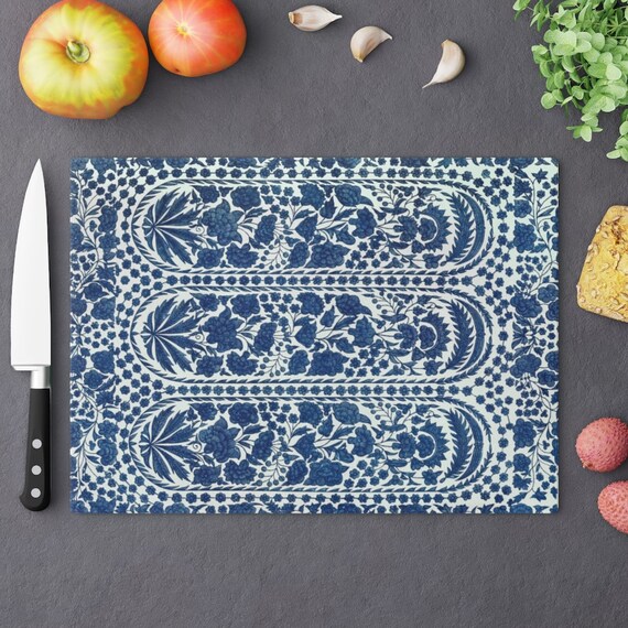 Blue Cutting Board, Indian Pattern, Boho Cutting Board, Blue Kitchen Decor, Glass Cutting Board, Bohemian Blue, Floral Kitchen, Blue Flowers
