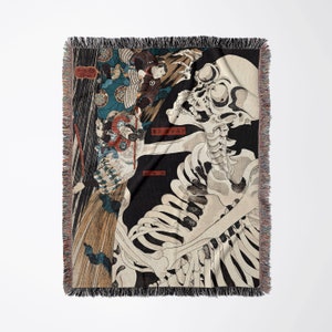 Skeleton Blanket, Japanese Blanket, Woven Blanket, Utagawa Kuniyoshi, Japanese Decor, Japanese Art, Vintage Blanket, Skeleton Art, Witch Art
