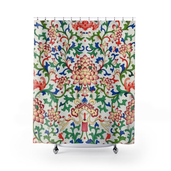 Chinese Decor, Chinese Shower Curtain, Vintage Floral, Chinese Floral, White Shower Curtain, Green Shower Curtain, Asian Decor, Asian Decor