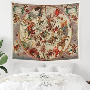 Tierkreis-Astrologie-Wandteppich | Himmlischer Sternen-Vintage-Wandbehang, Mystisches Kunstobjekt Bild 1