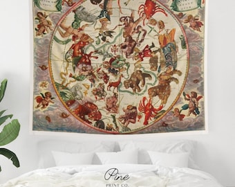 Zodiac Astrology Constellation Tapestry | Celestial Star Vintage Wall Hanging, Mystical Fine Art Accent Piece
