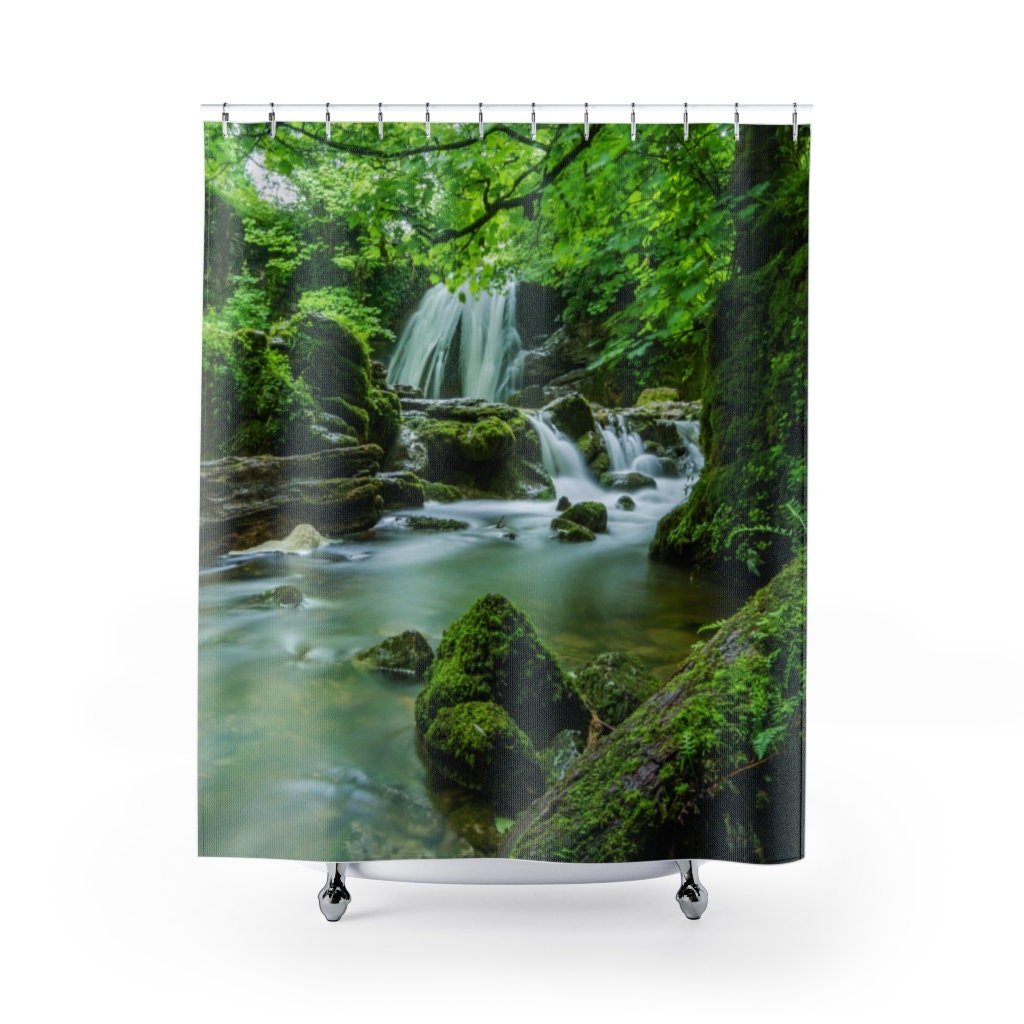 Rainforest Shower Curtain With 12 Hooks Green Tree Waterfalls Waterproof  Fabric Shower Curtains Nature Rainforest Bathroom Curtain 