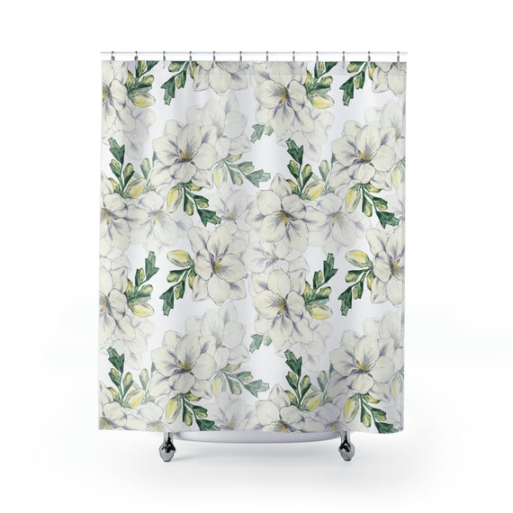 White Bathroom, Floral Shower Curtain, Watercolor Floral, Tropical Bathroom, White Shower Curtain, Hawaiian Decor, White Decor