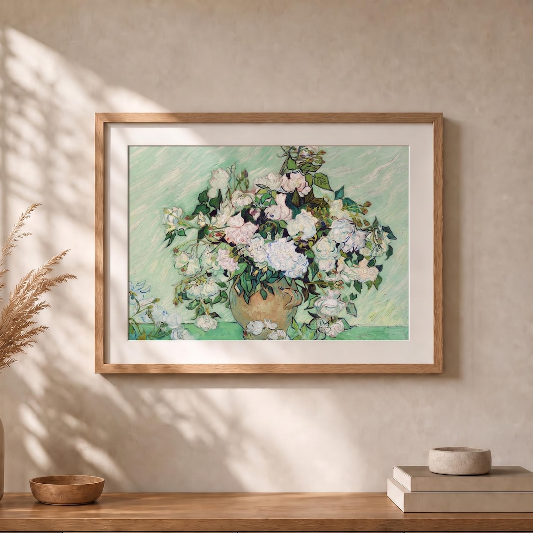 額装品/White Rose/バンクス/ポスター/アート/インテリア Van Gogh Wall Print | White Roses Museum Poster, Green Floral Home