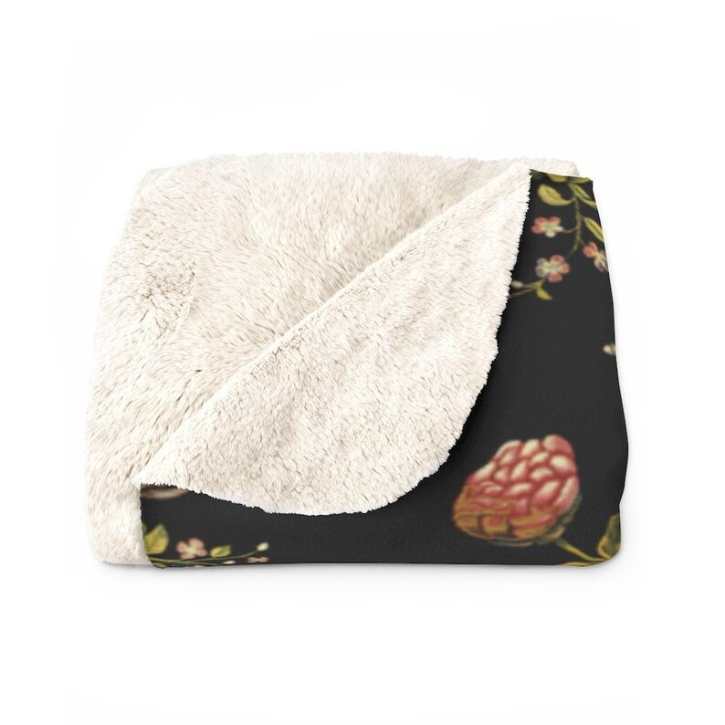 Black Floral Sherpa Blanket | Botanical Boho Pattern Fleece Throw, Cottagecore Inspired Plush Essential image 6