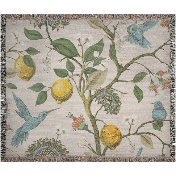 Botanical Blanket, Woven Blanket, Bird Blanket, Vintage Plant, Boho Throw Blanket, Fruit Blanket, Bird Lover Gift, Plant Blanket, Bird Decor
