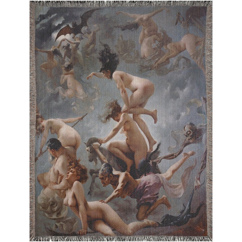 May include: A tapestry depicting a scene of witches flying through the night sky. The witches are nude and riding on various creatures, including a goat and a bat. The sky is a dark blue with clouds and stars. The tapestry is woven with intricate details and vibrant colours.