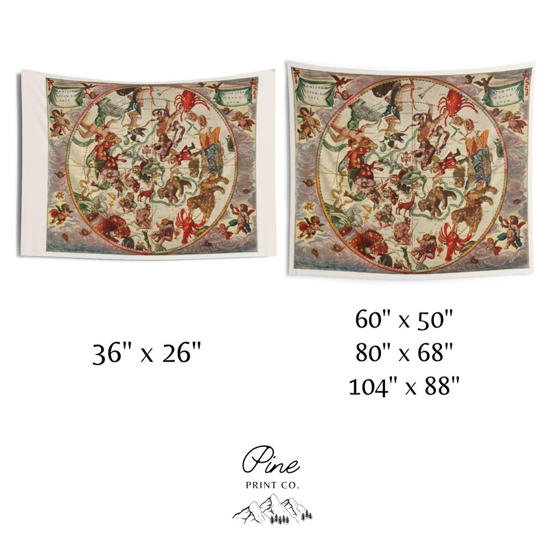May include: A vintage tapestry featuring a detailed illustration of the constellations in a circular design. The tapestry is printed on a white background with a cream border. The constellations are depicted in a colorful style with red, yellow, and blue accents. The tapestry is available in three sizes: 36 inches by 26 inches, 60 inches by 50 inches, and 80 inches by 68 inches.