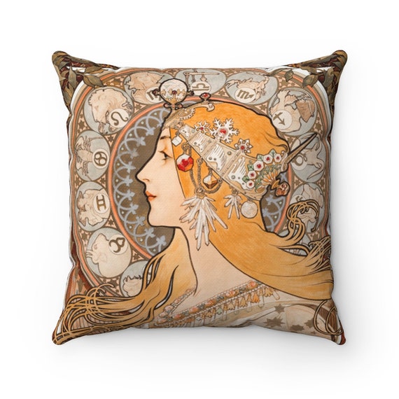 Art Nouveau Pillow, Art Nouveau Decor, Zodiac Pillow, Astrology Pillow, Horoscope Pillow, Alphonse Mucha, Art Nouveau Gift, Vintage Pillow