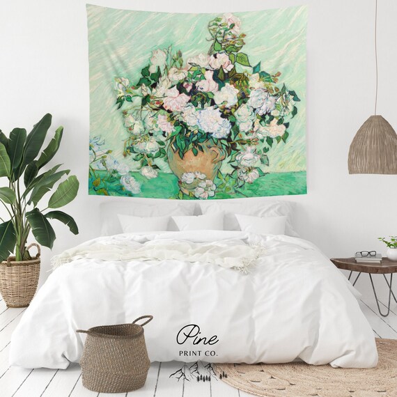 Van Gogh Tapestry, Green Tapestry, Van Gogh Painting, Floral Tapestry, White Flowers, Rose Painting, Vintage Tapestry, Mint Green