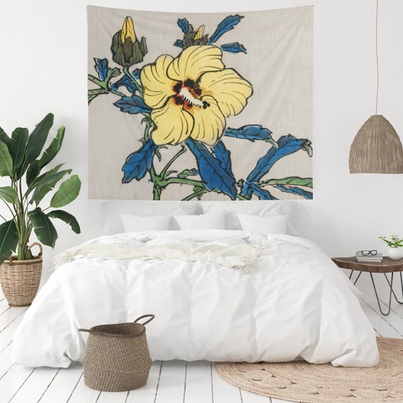 Tropical Tapestry, Botanical Tapestry, Hibiscus Wall Art, Yellow Flower, Floral Tapestry, Yellow Tapestry, Tropical Decor, Yellow Decor