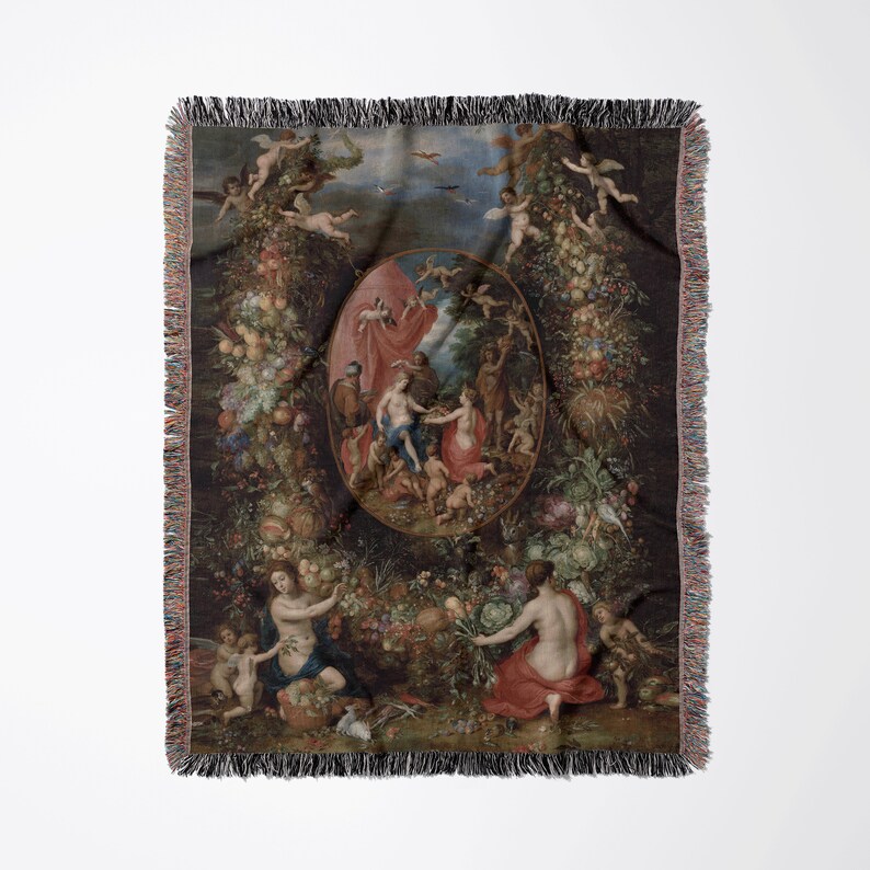 May include: A tapestry woven with a colorful scene of a central oval frame depicting a group of people in a garden setting. The frame is surrounded by a wreath of fruits, vegetables, and flowers. The tapestry has a dark background and is framed with a black border.