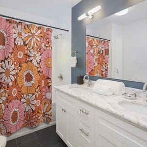 Floral Shower Curtain | Retro Bathroom Decor, Pink Powder Room Accent image 2