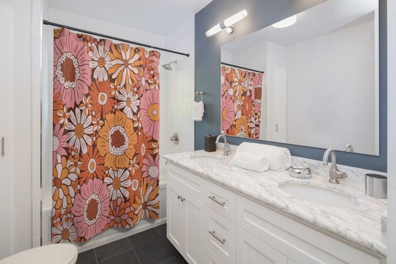 Floral Shower Curtain | Retro Bathroom Decor, Pink Powder Room Accent image 2