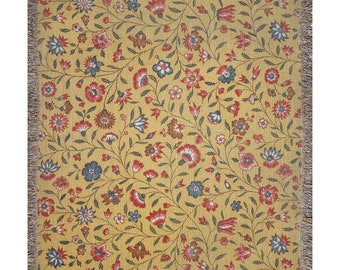 Gul filt, blommig filt, vävd filt, vintagefilt, botanisk filt, växtfilt, vintagepläd, blomsterfilt, konstpläd