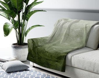 Groene aquarel kamerplant plaid | Salie ombre sherpafleece, decor botanische kunst