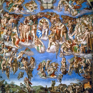 May include: A large, detailed painting depicting a scene from the Last Judgement. The painting features a central figure of Jesus Christ, surrounded by angels and saints. The painting is set against a backdrop of clouds and a blue sky. The painting is full of detail and emotion, and it is a powerful example of Renaissance art.