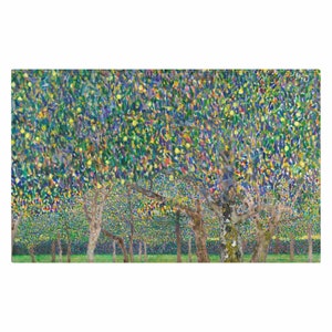 May include: A painting of a field of apple trees with green leaves and yellow apples. The trees are painted in a pointillist style, with small dots of color.