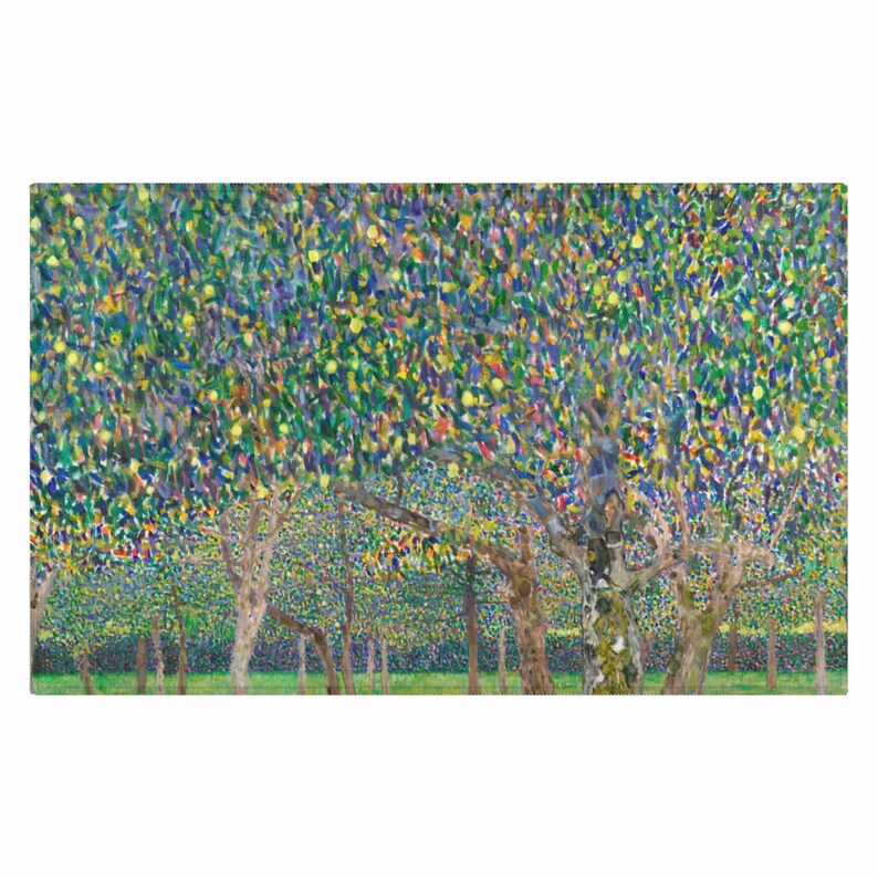 May include: A painting of a field of apple trees with green leaves and yellow apples. The trees are painted in a pointillist style, with small dots of color.