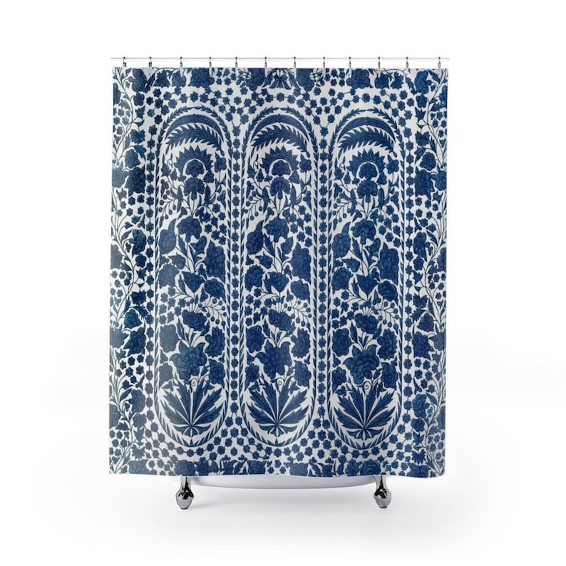 Blue Shower Curtain Vintage Shower Curtain Blue Bathroom Etsy