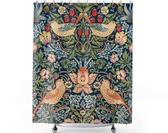 Floral Shower Curtain | William Morris Bathroom Decor, Bird Powder Room Accent