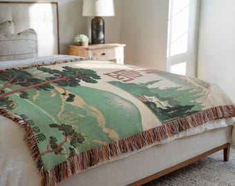 Japanese Blanket, Green Blanket, Green Throw, Asian Blanket, Japanese Bedding, Cotton Throw, Woven Blanket, Tree Blanket, Japanese Gift