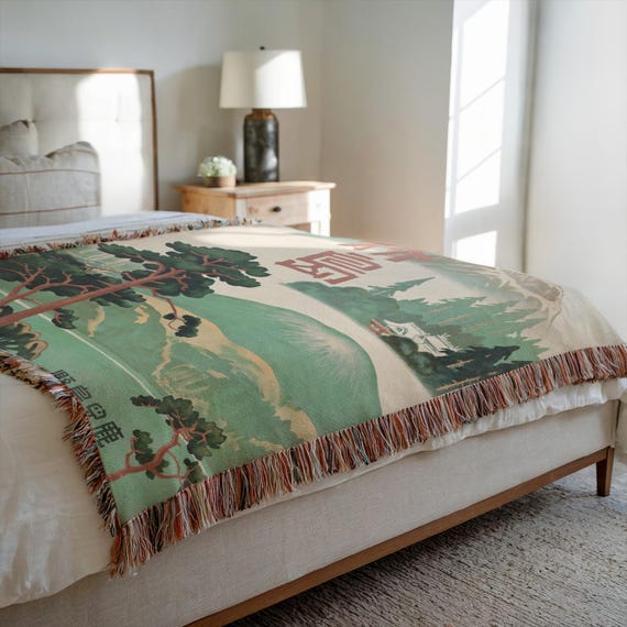 Japanese Blanket, Green Blanket, Green Throw, Asian Blanket