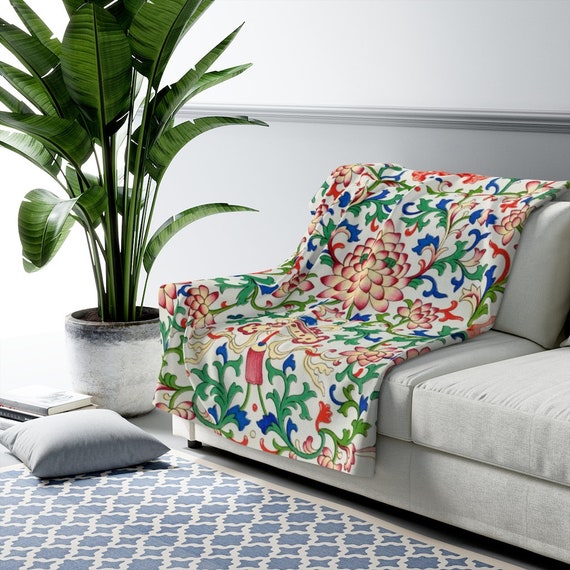 Chinese Blanket, Chinoiserie Art, Floral Blanket, White Floral Blanket, Floral Throw, Plant Blanket, Plant Blanket, Vintage Botanical Art