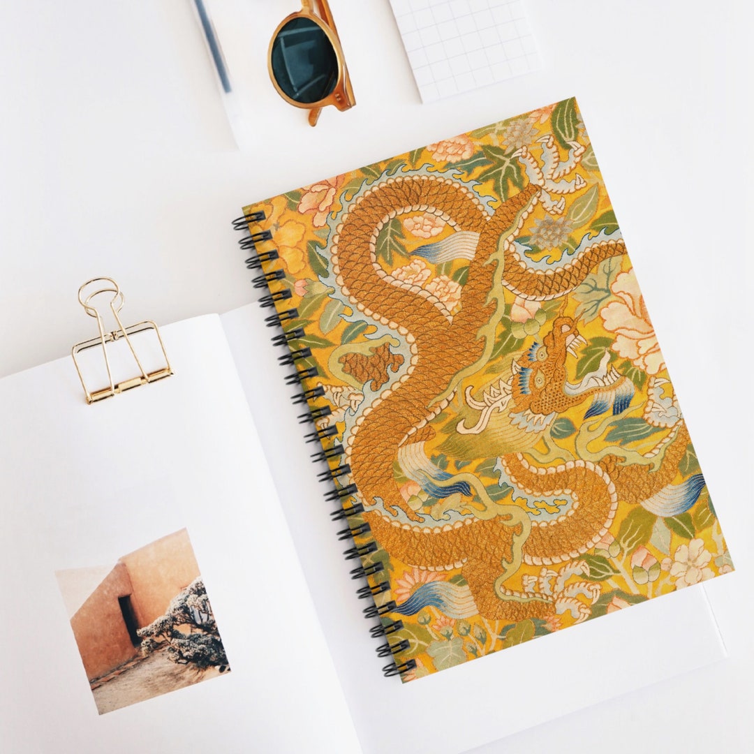 Vintage Notebook, Dragon Notebook, Spiral Notebook, Dragon Art, Yellow ...