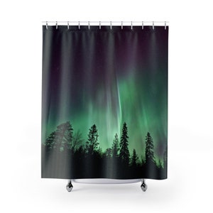 Northern Lights, Aurora Borealis, Nature Bathroom, Night Sky Shower Curtain, Forest Bathroom, Tree Shower Curtain, Green Shower Curtain