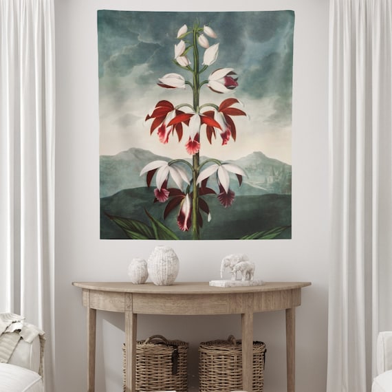 Botanical Tapestry, Mountain Tapestry, Nature Tapestry, Floral Tapestry, Red Flower, Vintage Tapestry, Botanical Decor, Botanical Wall Art