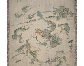 Frog Blanket, Woven Blanket, Vintage Frog, Frog Gift, Japanese Blanket,  War Of The Frogs, Kawanabe Kyosai, Frog Decor, Frog Tapestry