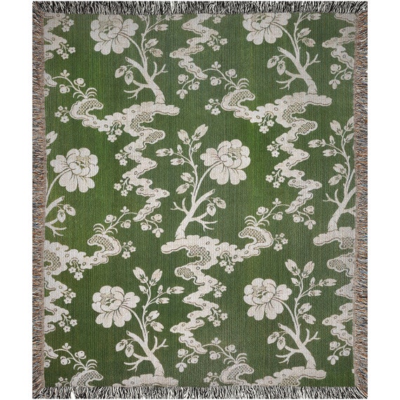 Green Woven Blanket, Floral Blanket, Botanical Blanket, Green Throw, Botanical Throw, Plant Blanket, Woven Tapestry, Nature Throw
