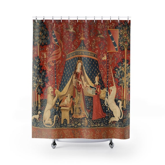 Medieval Shower Curtain, Red Shower Curtain, Lady and the Unicorn, Art Shower Curtain, Medieval Art, Mythology Decor, Red Bathroom Decor