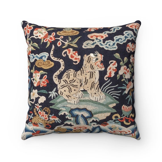 Tiger Pillow, Chinese Tiger, Tibetan Tiger, Vintage Tiger Pillow, Chinese Decor, Tiger Decor, Vintage Animal, Navy Gold Pillow, Tiger Case