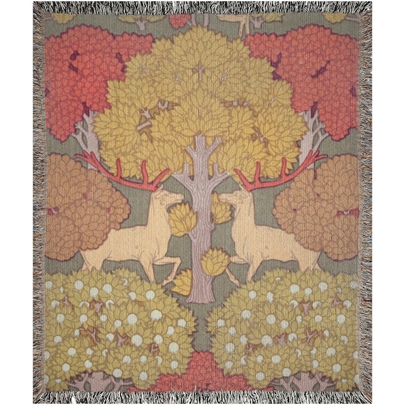 Deer Blanket, Woven Blanket, Christmas Blanket, Fall Blanket, Winter Blanket, Deer Bedding, Vintage Deer, Tree Blanket, Cottagecore Blanket