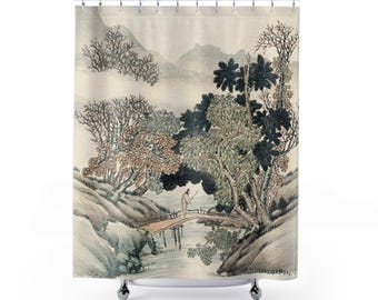 Japanese Decor, Shower Curtain, Asian Home Decor, Japanese Curtain, Asian Curtain, Beige Shower Curtain, Vintage Bathroom, Nature Decor