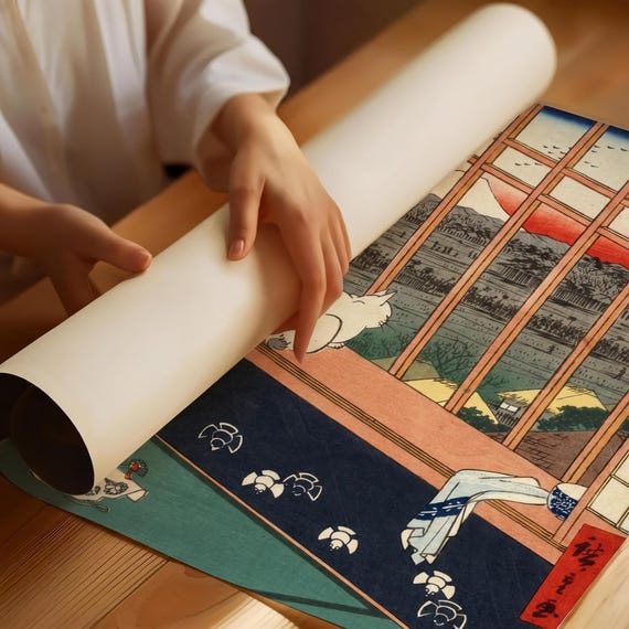 日本の猫のヴィンテージ木版画壁掛け | 浅草田田広重美術館ポスター
